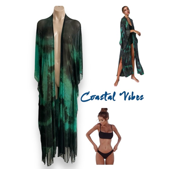 Entreaguas Other - ENTREAGUAS WEARABLE ART GREEN BLACK TIE DYE COVERUP KIMONO OS